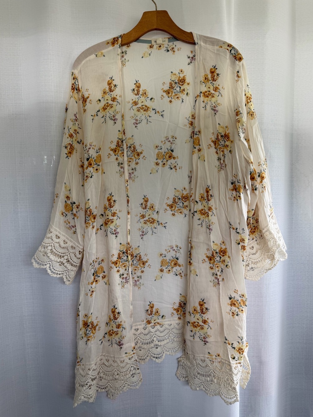 Light Cream Floral Lace-Trim Kimono Womens Size XXL Fall Cottagecore Boho